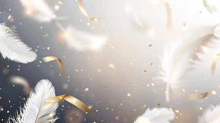 Wall Mural - Light airy background with feathers and golden elements.