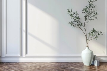 White classic wall background, brown parquet floor, home furniture detail, frame and vase of plant - generative ai