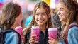 © hakule - Three girls are smiling and holding pink cups