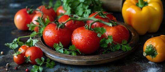 Wall Mural - A wooden bowl filled to the brim with ripe red tomatoes, showcasing their vibrant color and freshness.