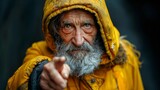 Fototapeta  - A man with a beard and a yellow jacket pointing to something