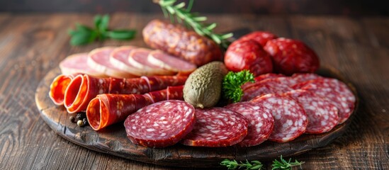 Wall Mural - A plate filled with a colorful variety of sliced meats and fresh vegetables placed on a wooden table.
