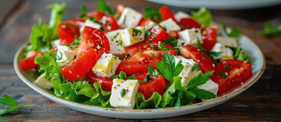Poster - A salad featuring ripe tomatoes, crisp lettuce, and tangy feta cheese arranged on a plate.