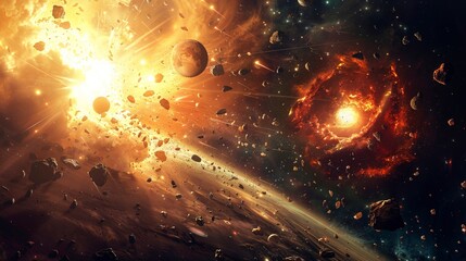 Wall Mural - Cosmic explosion, collision of planets in space.