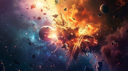 Wall Mural - Cosmic explosion, collision of planets in space.