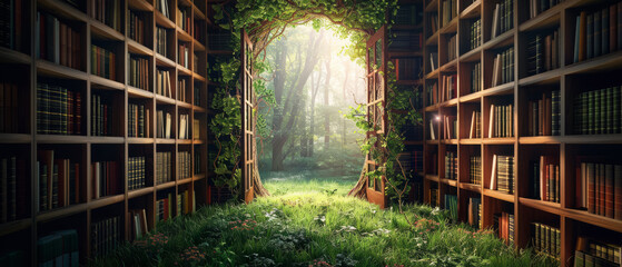 Canvas Print - Library portal opening to a world of knowledge, metaphor for reading