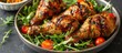 A bowl filled with grilled chicken leg quarters accompanied by a side of mixed salad.