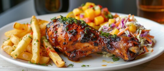 Sticker - A white plate is shown with boneless chicken topped with mango salsa, alongside crispy French fries and a side of coleslaw.