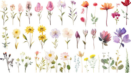 Wall Mural - set of watercolor wildflowers painting isolated on clear png background and transparent background. 