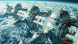 A space station with three buildings is flying through space. The space station is surrounded by clouds and the sky is blue