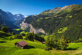 Fototapeta Sypialnia - Rural huts on the green slopes near Wengen, Switzerland