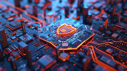 Conceptual D Render of Giant Shield Made of Computer Components Protecting City Illustrating Importance of Cybersecurity