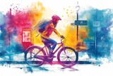 Fototapeta Londyn - Woman riding on a bicycle in London, UK, Europe, watercolor art cartoon illustration