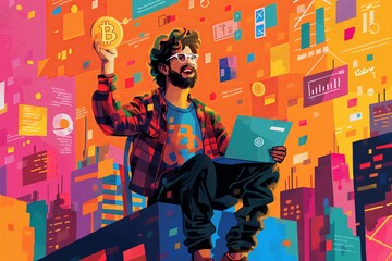 Wall Mural - Trader with financial charts colorful funky cartoon illustration, learning the crypto market and diving into the world of finance	