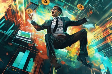 Wall Mural - Trader with financial charts colorful funky cartoon illustration, learning the crypto market and diving into the world of finance	