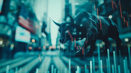 Poster - Bull market with financial trading charts, Amerca flag, global trade market dominance, politics and economics illustration USA