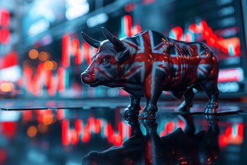 A bull with a financial chart and UK British flag with London business skyline double exposure, trading stock market illustration