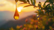 A drop of Rosehip oil on skin, regenerating cells, with a mountain sunset blurred behind
