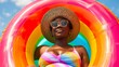 Afro-American young girl sunbathes in the pool on a rainbow-colored inflatable ring . Summer time background