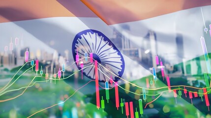 Poster - Mumbai business skyline with stock exchange trading chart double exposure with India flag, asia trading stock market digital concept	
