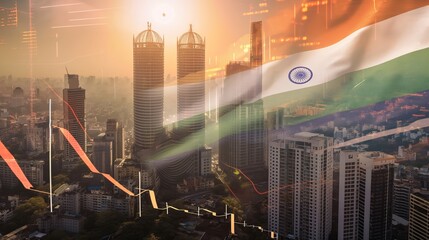 Mumbai business skyline with stock exchange trading chart double exposure with India flag, asia trading stock market digital concept	
