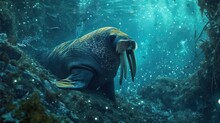 Ethereal Walrus With An Underwater Kingdom In A Fairy Tale Ocean Filled With Luminescent Creatures