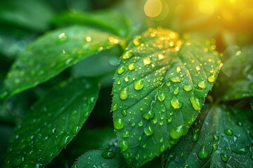 Beautiful natural dew or rain drops on fresh grass leaves Close-up macro