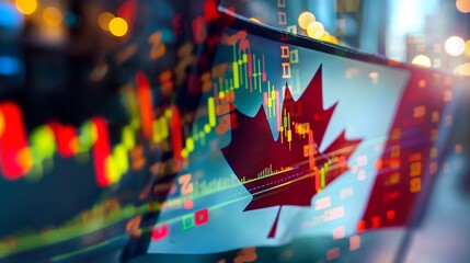 Wall Mural - Canada business skyline with stock exchange trading chart double exposure with Canada flag, trading stock market digital concept	
