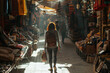Traveler alone, exploring local bazaar, inquiring about cultural goods, interactive and inquisitive