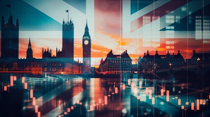 Wall Mural - London UK business skyline with stock exchange trading chart double exposure with the British flag, trading stock market digital concept	
