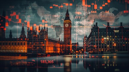 Poster - London UK business skyline with stock exchange trading chart double exposure with the British flag, trading stock market digital concept	
