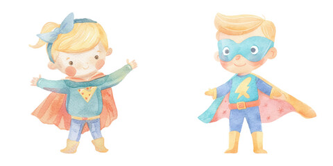 Wall Mural - kid wearing super hero outfit watercolor vector illustration