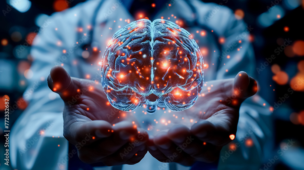 Medical doctor holding human brain hologram in hands in cardio vascular ...