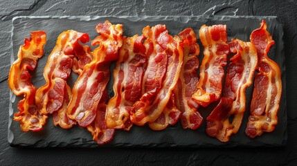 Background of crispy bacon strips, adding texture and flavor to any dish, appetizingly crunchy