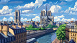 Paris france  panorama from NotreDame flat cartoon