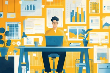 Wall Mural - A creative person sitting in the office during work, colorful modern surreal abstract art cartoon illustration	
