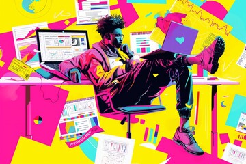 Wall Mural - A creative person sitting in the office during work, colorful modern surreal abstract art cartoon illustration	
