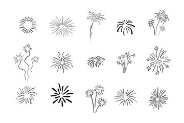 Wall Mural - Set fireworks doodle line explosion radial sparkler with rays, hand drawn firecrackers simple and round decoration isolated on white background.