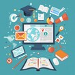 Online education, E-learning, computer with school books, innovative online courses, flat cartoon illustration