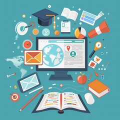 Online education, E-learning, computer with school books, innovative online courses, flat cartoon illustration