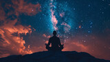 Fototapeta Kosmos - A dramatic silhouette of a Great Teacher-Lord sitting in meditation beneath a star-filled sky, with copy space above the figure, symbolizing the connection between earthly and cele
