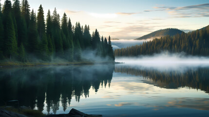 Wall Mural - Morning mist covers a beautiful lake surrounded by pine forest