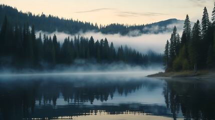 Wall Mural - Morning mist covers a beautiful lake surrounded by pine forest