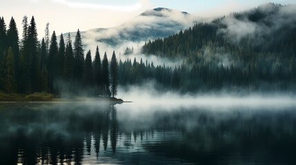 Wall Mural - Morning mist covers a beautiful lake surrounded by pine forest