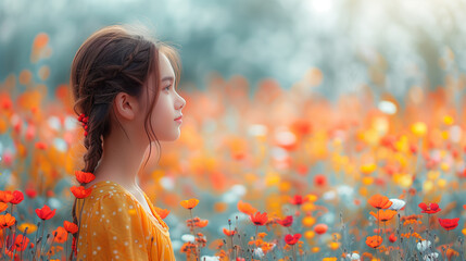 Wall Mural - Girl in field of flowers, young adult, lifestyle, smiling, beauty in nature