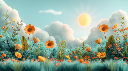 Wall Mural - Flowers and sun, cloud, sky, season, springtime illustration