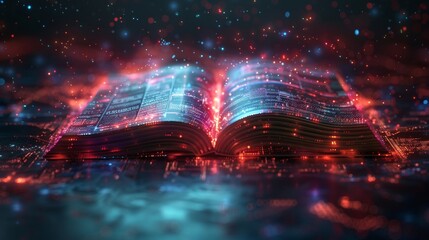 Leinwandbilder - Learn online book with digital futuristic style. Infographics and book concept for e-education or electronic books. Modern illustration with dark background.