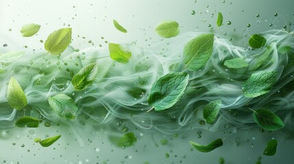 Poster - Fresh air flow with leaves. An organic herbal tea with a light fresh scent. Green wind vortex with mint leaves as an element for cleaners and fresheners. Illustration in modern format.