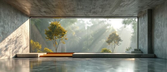 Leinwandbilder - In this 3D render, an empty concrete room is framed by a large window against a natural background.