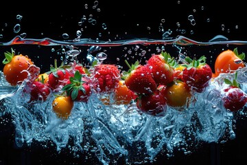  A fresh fruits or vegetables with water droplets creating a splash advertising food photography